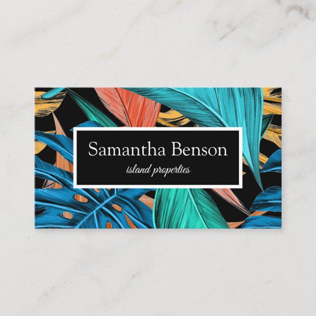 Palm Leaves Tropical Island Green & Black Business Card (Front)