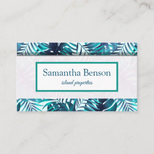 Palm Leaves Tropical Island Green & White Square B Business Card