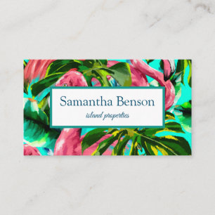 Palm Leaves Tropical Island Green & White Square B Business Card
