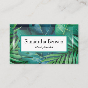 Palm Leaves Tropical Island Green & White Square B Business Card