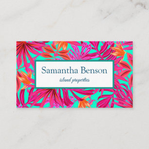 Palm Leaves Tropical Island Green & White Square B Business Card