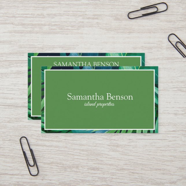 Palm Leaves Tropical Island Green & White Square Business Card (Front/Back In Situ)