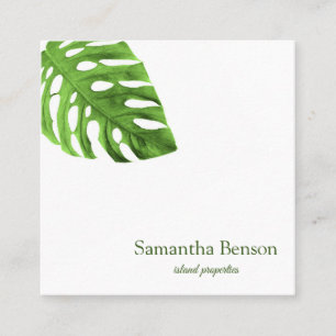 Palm Leaves Tropical Island Green & White Square Business Card