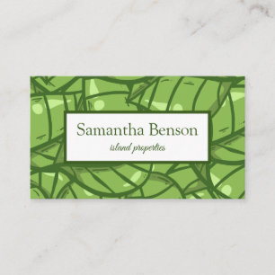 Palm Leaves Tropical Island Green & White Square Business Card