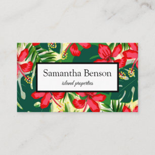 Palm Leaves Tropical Island Green & White Square Business Card