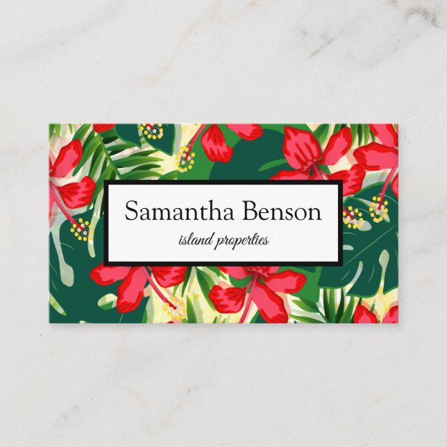 Palm Leaves Tropical Island Green & White Square Business Card (Front)
