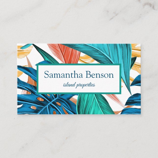 Palm Leaves Tropical Island Green & White Square Business Card (Front)
