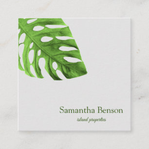 Palm Leaves Tropical Island Green & White Square Business Card