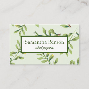 Palm Leaves Tropical Island Green & White Square Business Card
