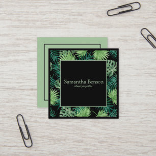 Palm Leaves Tropical Island Green & White Square Business Card