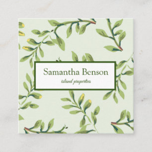 Palm Leaves Tropical Island Green & White Square Business Card