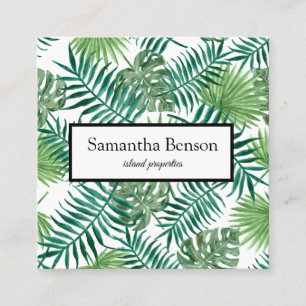 Palm Leaves Tropical Island Green & White Square Business Card
