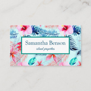Palm Leaves Tropical Island Green & White Square Business Card