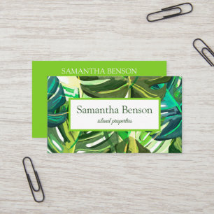 Palm Leaves Tropical Island Green & White Square Business Card