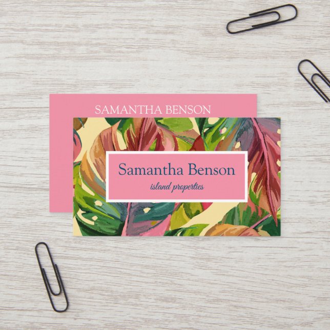 Palm Leaves Tropical Island Green & White Square Business Card (Front/Back In Situ)