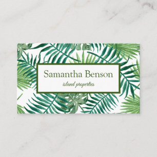 Palm Leaves Tropical Island Green & White Square Business Card