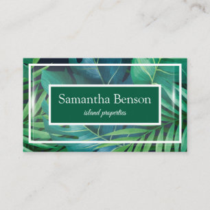 Palm Leaves Tropical Island Green & White Square Business Card