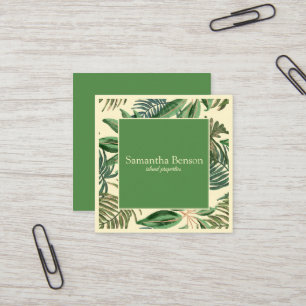 Palm Leaves Tropical Island Green & White Square Business Card