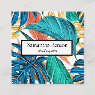Palm Leaves Tropical Island Green & White Square Square Business Card