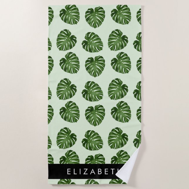 Palm Leaves, Tropical Pattern, Your Name Beach Towel (Front)