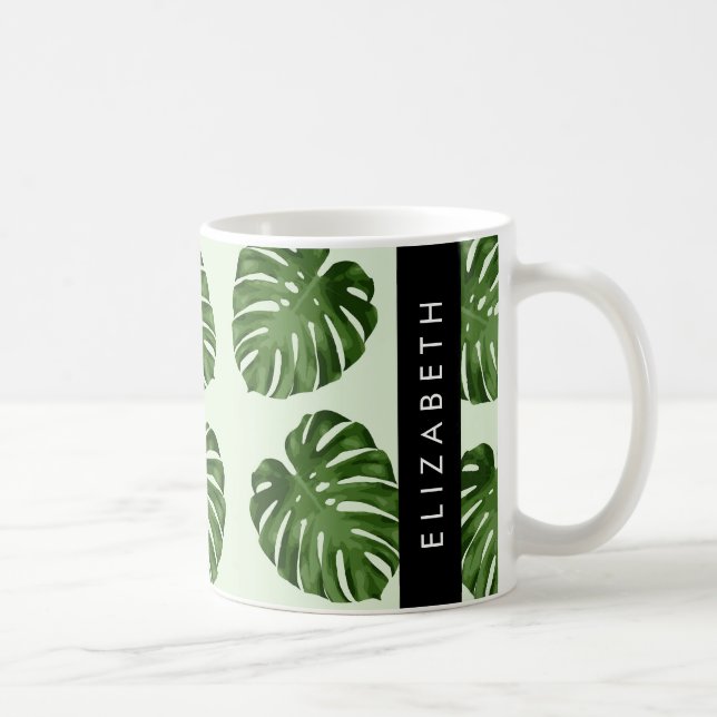 Palm Leaves, Tropical Pattern, Your Name Coffee Mug (Right)