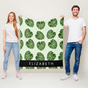 Palm Leaves, Tropical Pattern, Your Name Fleece Blanket