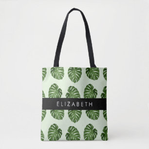 Palm Leaves, Tropical Pattern, Your Name Tote Bag