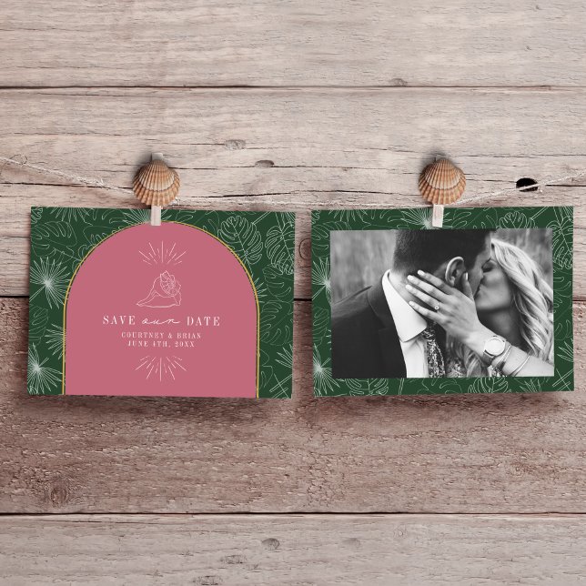 Palm Leaves Tropical Pink & Green Seashell Photo Save The Date (Creator Uploaded)