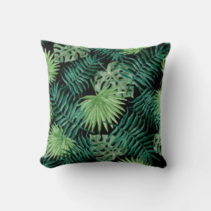 Palm Leaves Tropical Print Black Cushion