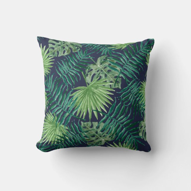Palm Leaves Tropical Print Navy Cushion (Front)