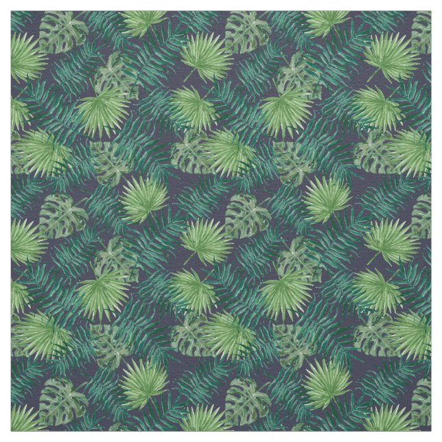 Palm Leaves Tropical Print Navy Fabric (Swatch)