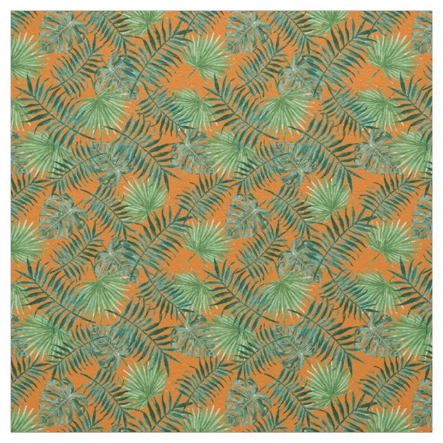 Palm Leaves Tropical Print Orange Fabric (Swatch)