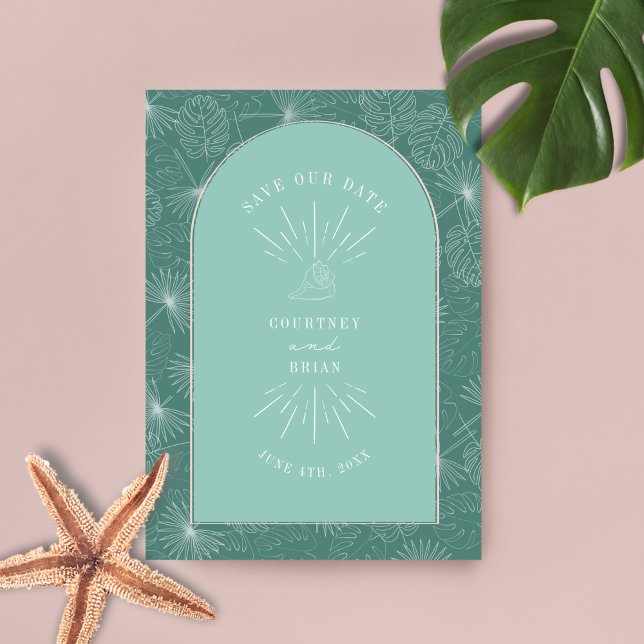 Palm Leaves Tropical Seashell Aqua Wedding  Save The Date (Creator Uploaded)