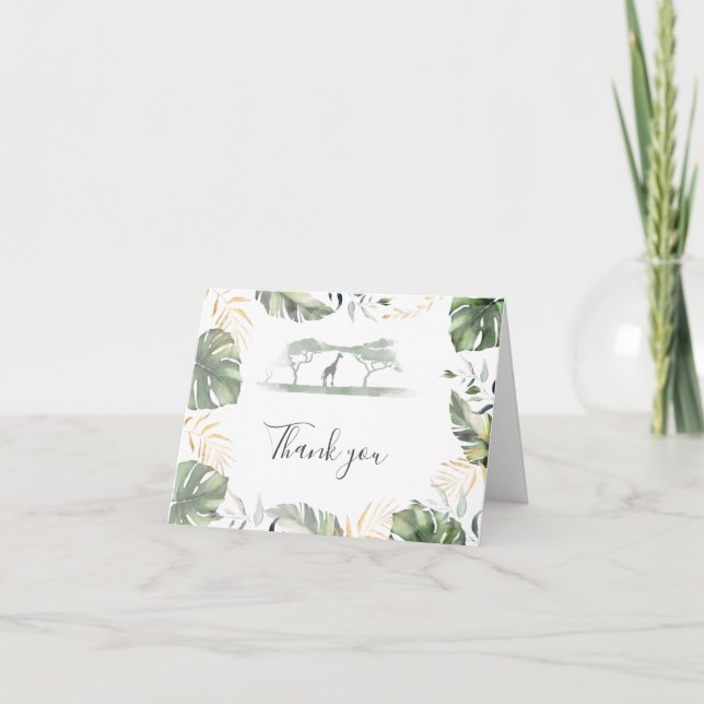Palm Leaves Tropical Theme Giraffe Baby Shower Thank You Card (Front)