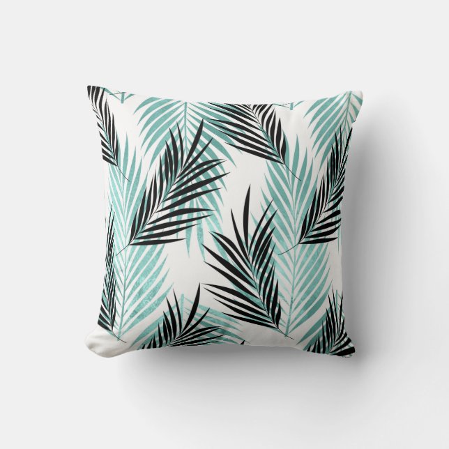 Palm Leaves Tropical Tree Bright Turquoise Black Cushion (Front)