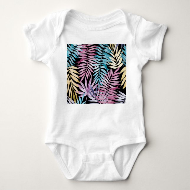 Palm leaves: watercolor dark pattern baby bodysuit (Front)