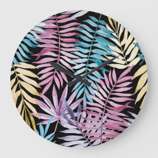 Palm leaves: watercolor dark pattern large clock