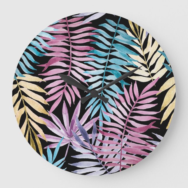 Palm leaves: watercolor dark pattern large clock (Front)