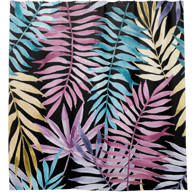 Palm leaves: watercolor dark pattern shower curtain (Front)