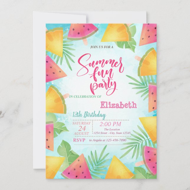 Palm Leaves Watermelon Summer Birthday Party Invitation (Front)