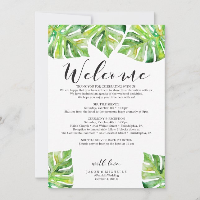 Palm Leaves Wedding Itinerary Welcome Letter Invitation (Front)