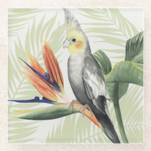 Palm Leaves With Black Bird Glass Coaster