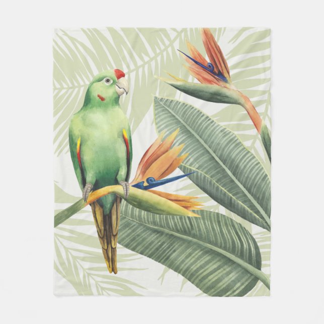 Palm Leaves With Green Bird Fleece Blanket (Front)