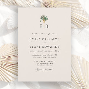 Palm Logo Elegant Tropical Monogram Wedding Invitation