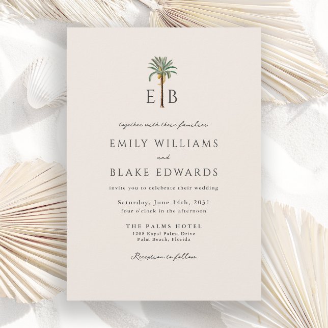 Palm Logo Elegant Tropical Monogram Wedding Invitation (Creator Uploaded)