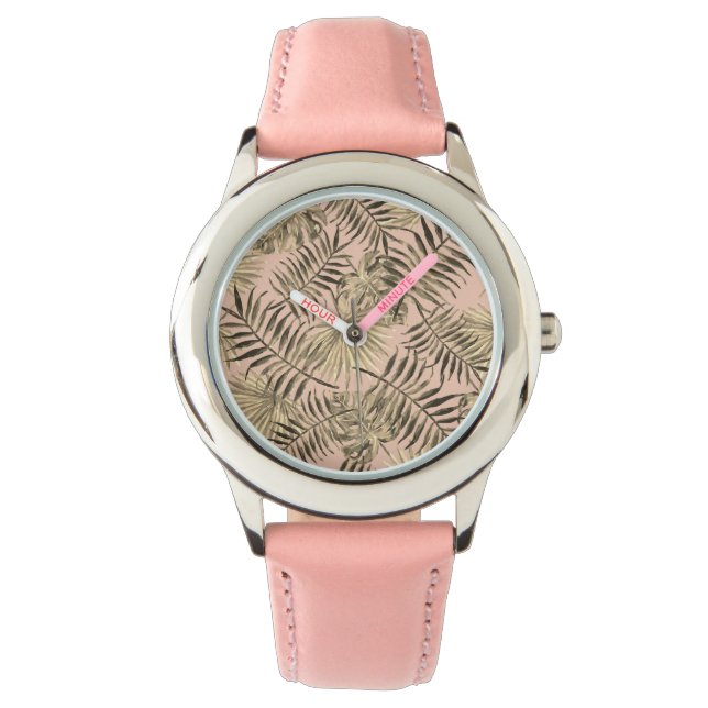 Palm monstera leaf tropical peach pink and gold watch (Front)