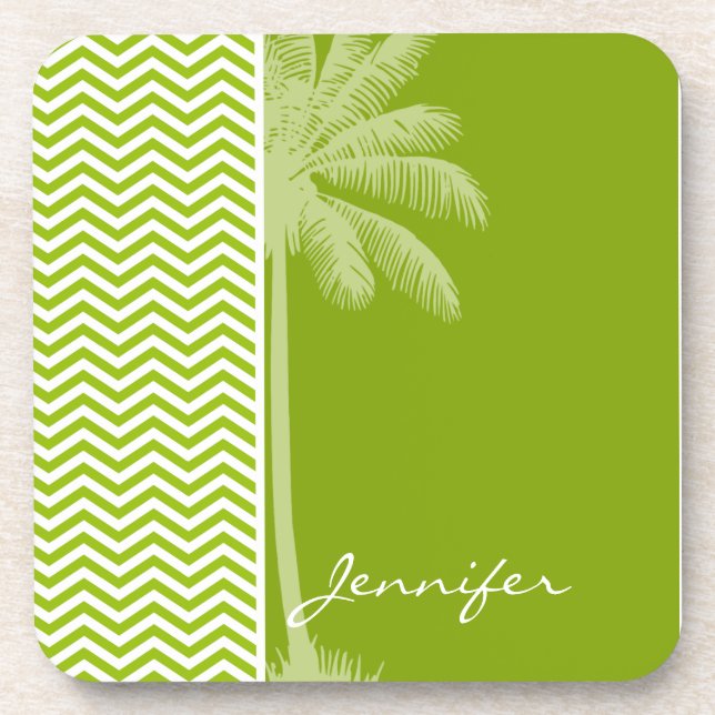 Palm on Retro Apple Green Chevron Stripes Coaster (Front)
