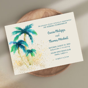 Palm Paradise Tropical Beach Mint Blue Wedding Invitation