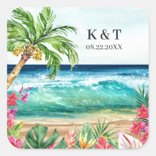 Palm Paradise Tropical Beach Wedding & Shower Square Sticker