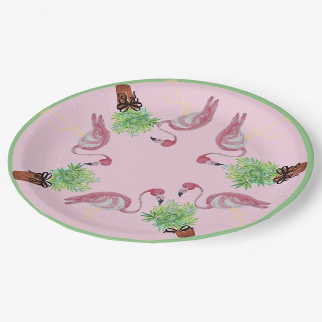 Palm Pink Flamingo Flamingos Terra Cotta Pots  Paper Plate (Angled)